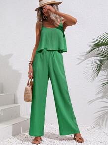 SHEIN LUNE 素色吊帶上衣和闊腿褲 - 綠色 - 查看 6