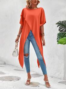 SHEIN LUNE Solid Asymmetrical Hem Batwing Sleeve Wrap Cross Blouse - Orange - View 1