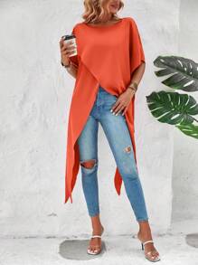 SHEIN LUNE Solid Asymmetrical Hem Batwing Sleeve Wrap Cross Blouse - Orange - View 3