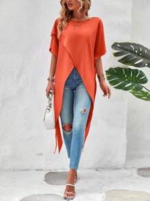 SHEIN LUNE Solid Asymmetrical Hem Batwing Sleeve Wrap Cross Blouse - Orange - View 4