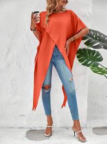 SHEIN LUNE Solid Asymmetrical Hem Batwing Sleeve Wrap Cross Blouse - Orange - View 5