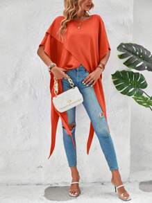 SHEIN LUNE Solid Asymmetrical Hem Batwing Sleeve Wrap Cross Blouse - Orange - View 6