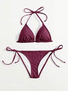 Swim Basics Summer Beach Halter Triangle Tie Side Bikini Set - Burgundy - View 1