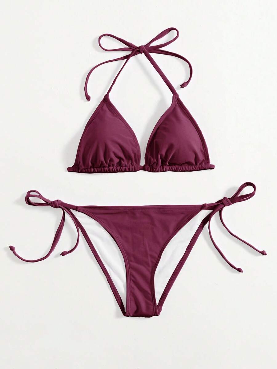 Swim Basics Summer Beach Halter Triangle Tie Side Bikini Set - Burgundy - View 1