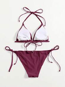 Swim Basics Summer Beach Halter Triangle Tie Side Bikini Set - Burgundy - View 2