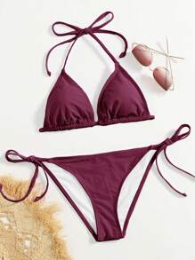Swim Basics Summer Beach Halter Triangle Tie Side Bikini Set - Burgundy - View 3