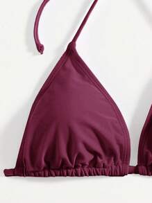 Swim Basics Summer Beach Halter Triangle Tie Side Bikini Set - Burgundy - View 4