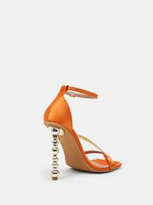 SheIn SXY 女士極簡踝帶平底涼鞋,緞面高跟魅力四射涼鞋 - 橘色 - 查看 4