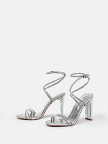 SheIn SXY 女士水鑽裝飾腿部繫帶設計粗跟涼鞋,魅力四射綁帶涼鞋適合派對 - 銀色 - 查看 3