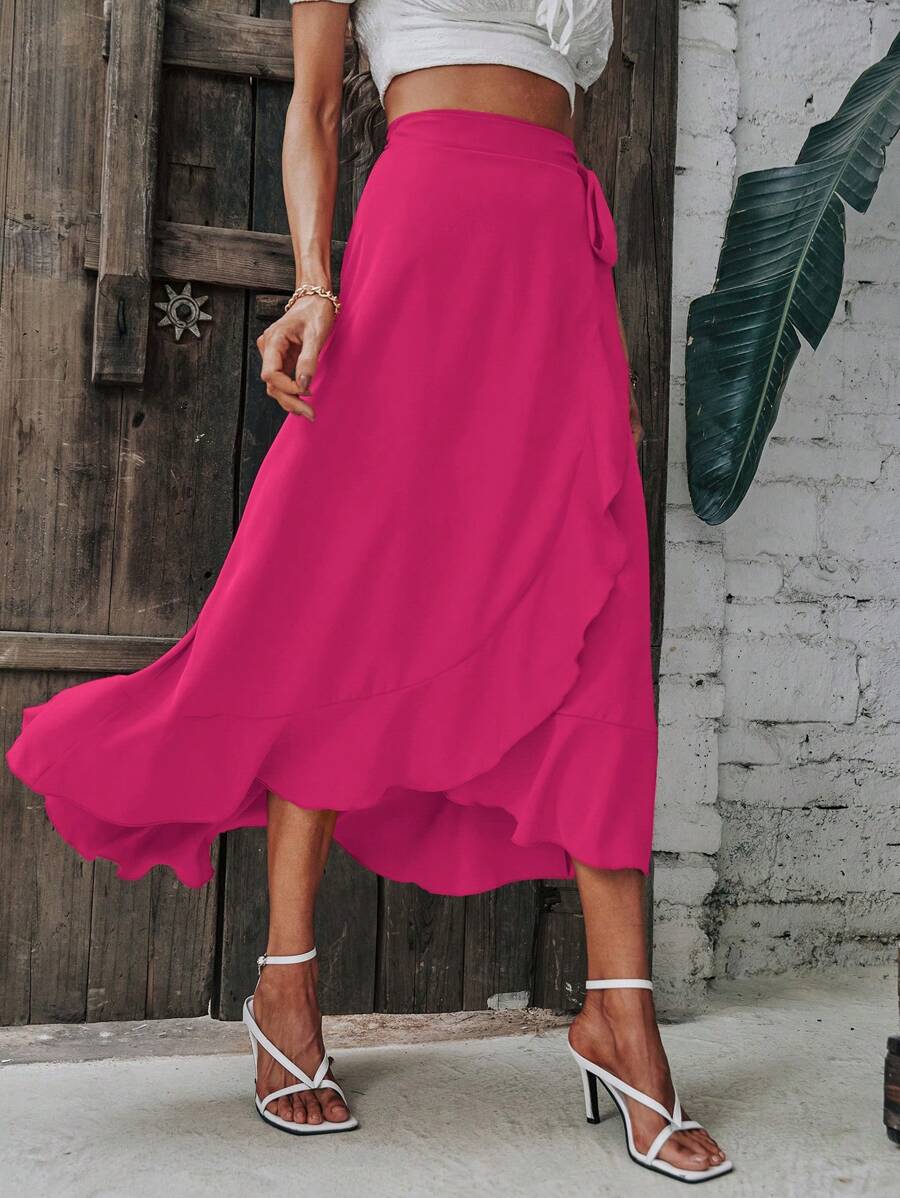 SHEIN LUNE Solid Ruffle Trim Wrap Knot Side Skirt - Hot Pink - View 1