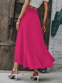 SHEIN LUNE Solid Ruffle Trim Wrap Knot Side Skirt - Hot Pink - View 2
