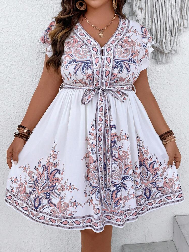 SHEIN Clasi Plus Floral Print Batwing Sleeve Belted Dress - White - View 1