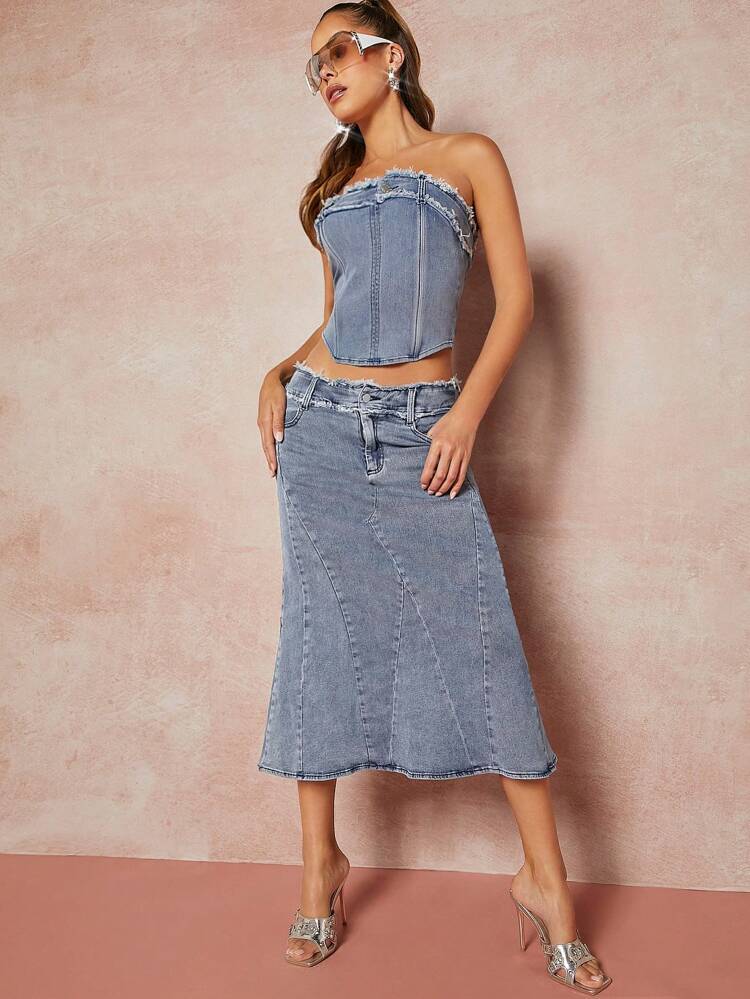 Frayed Edge Mermaid Denim Skirt Simple Fashion Daily Casual