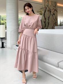 DAZY unicolor de manga farol Top & bajo con fruncido Falda - Rosa - Ver 1