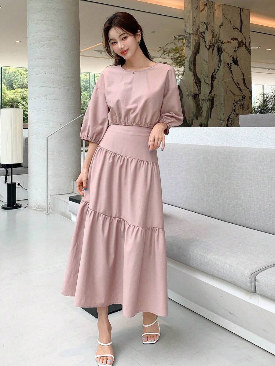 DAZY unicolor de manga farol Top & bajo con fruncido Falda - Rosa - Ver 1