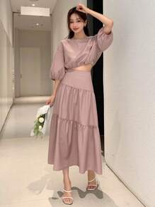 DAZY unicolor de manga farol Top & bajo con fruncido Falda - Rosa - Ver 3