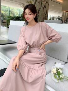 DAZY unicolor de manga farol Top & bajo con fruncido Falda - Rosa - Ver 4