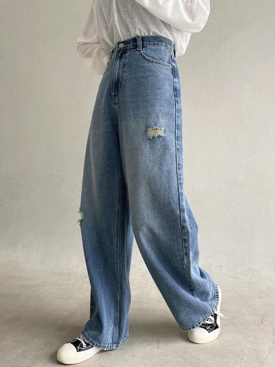 DAZY Jeans mit Riss, weitem Beinschnitt, hoher Taille, - Blau - Übersicht 1