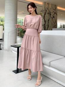 DAZY unicolor de manga farol Top & bajo con fruncido Falda - Rosa - Ver 6