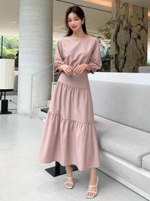 DAZY unicolor de manga farol Top & bajo con fruncido Falda - Rosa - Ver 7