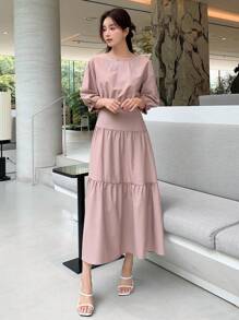 DAZY unicolor de manga farol Top & bajo con fruncido Falda - Rosa - Ver 8