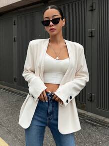 DAZY Blazer abierto de frente sólido, atuendo de negocios - Beis - Ver 1