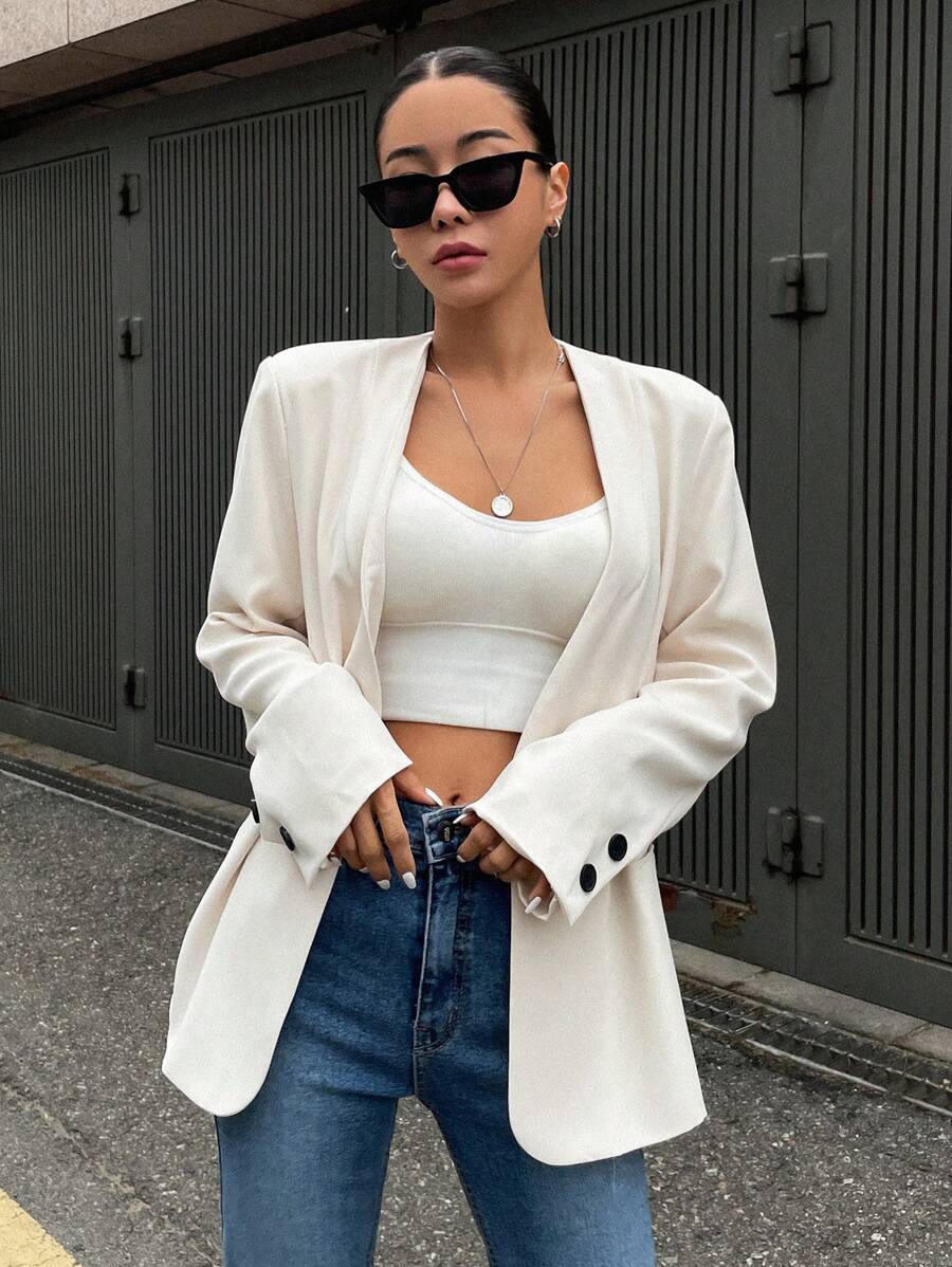 DAZY Blazer abierto de frente sólido, atuendo de negocios - Beis - Ver 1