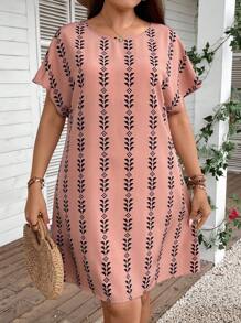 SHEIN LUNE Plus Summer Geo Print Batwing Sleeve Tunic Dress,Beach Dress Sundress,Holiday Outfits Boho - Multicolor - View 1