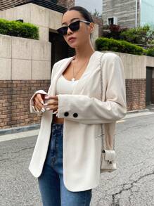 DAZY Blazer abierto de frente sólido, atuendo de negocios - Beis - Ver 8