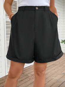 SHEIN LUNE 大碼素色反摺褲腳闊腿短褲