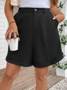 SHEIN LUNE 大碼素色反摺褲腳闊腿短褲