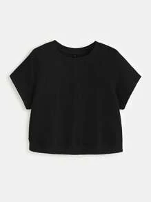 SHEIN BASICS Plus  Solid Round Neck Sweatshirt - Black - View 2