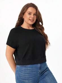 SHEIN BASICS Plus  Solid Round Neck Sweatshirt - Black - View 1