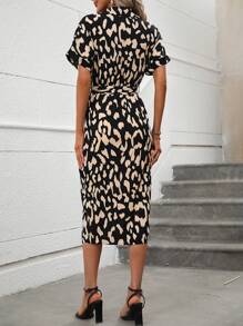 Calvaya Allover Print Batwing Sleeve Belted Shirt Dress Maxi Women Outfit - Black - View 2