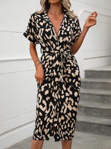 Calvaya Allover Print Batwing Sleeve Belted Shirt Dress Maxi Women Outfit - Black - View 4