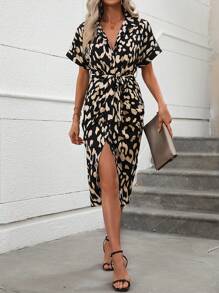 Calvaya Allover Print Batwing Sleeve Belted Shirt Dress Maxi Women Outfit - Black - View 6