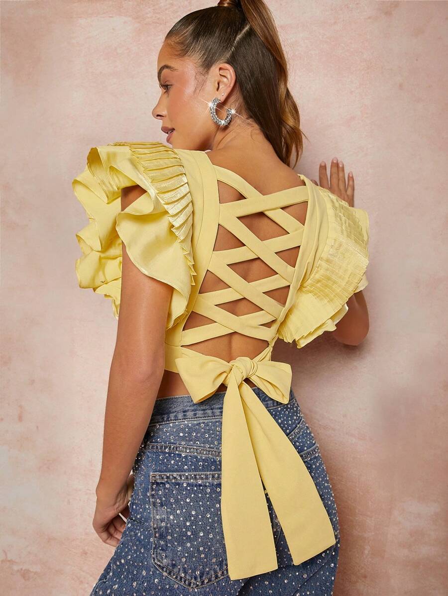 SHEIN Unity Lace Up Tie Back Pleated Sleeve Blouse - Yellow - View 1