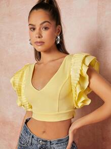SHEIN Unity Lace Up Tie Back Pleated Sleeve Blouse - Yellow - View 2