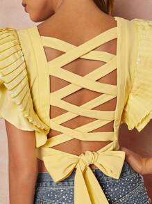 SHEIN Unity Lace Up Tie Back Pleated Sleeve Blouse - Yellow - View 3