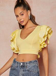 SHEIN Unity Lace Up Tie Back Pleated Sleeve Blouse - Yellow - View 4