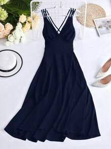 SHEIN Clasi Vestido de tirantes con tira cruzada de espalda abierta - Azul Marino - Ver 1