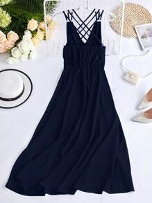SHEIN Clasi Vestido de tirantes con tira cruzada de espalda abierta - Azul Marino - Ver 2