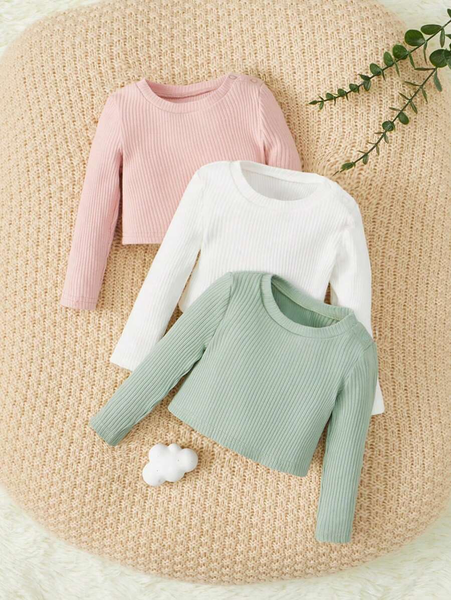 SHEIN 嬰兒男女嬰通用休閒舒服時尚簡約風柔軟實際可愛羅紋白色粉色灰色綠色長袖上衣套裝3 - 彩色 - 查看 1