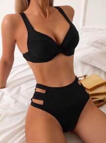 SHEIN Swim Conjunto de bikini con recortes para playa de verano - Negro - Ver 5