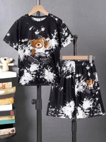 SHEIN Tween Boy Bear Print Tie Dye Tee & Shorts - Black - View 1