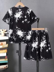 SHEIN Tween Boy Bear Print Tie Dye Tee & Shorts - Black - View 2