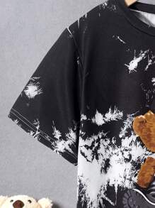 SHEIN Tween Boy Bear Print Tie Dye Tee & Shorts - Black - View 4