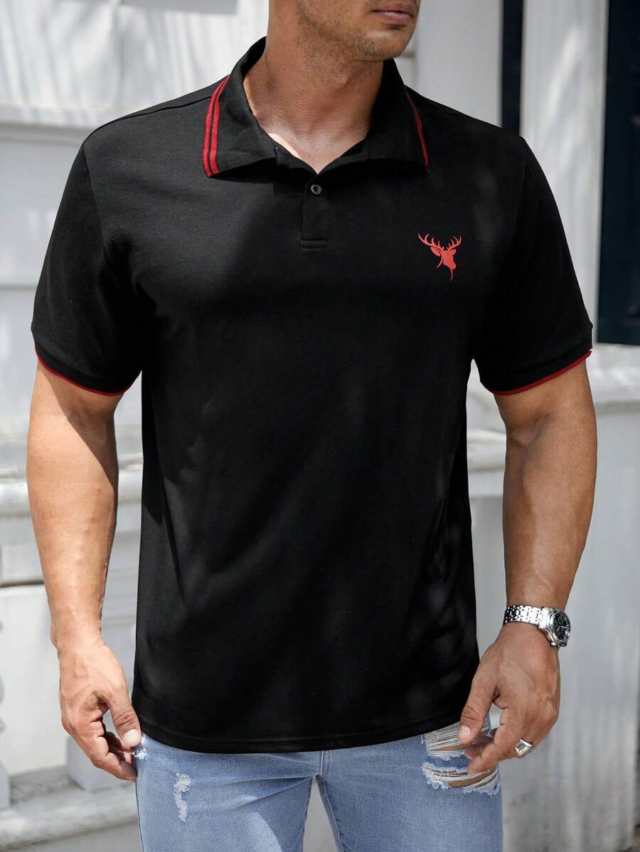 GENTILAND Men Plus Cotton Deer Print Contrast Trim Polo Shirt - Black - View 1