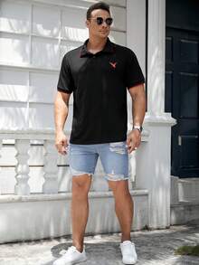 GENTILAND Men Plus Cotton Deer Print Contrast Trim Polo Shirt - Black - View 3