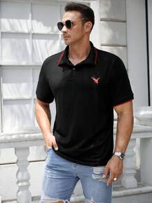 GENTILAND Men Plus Cotton Deer Print Contrast Trim Polo Shirt - Black - View 4